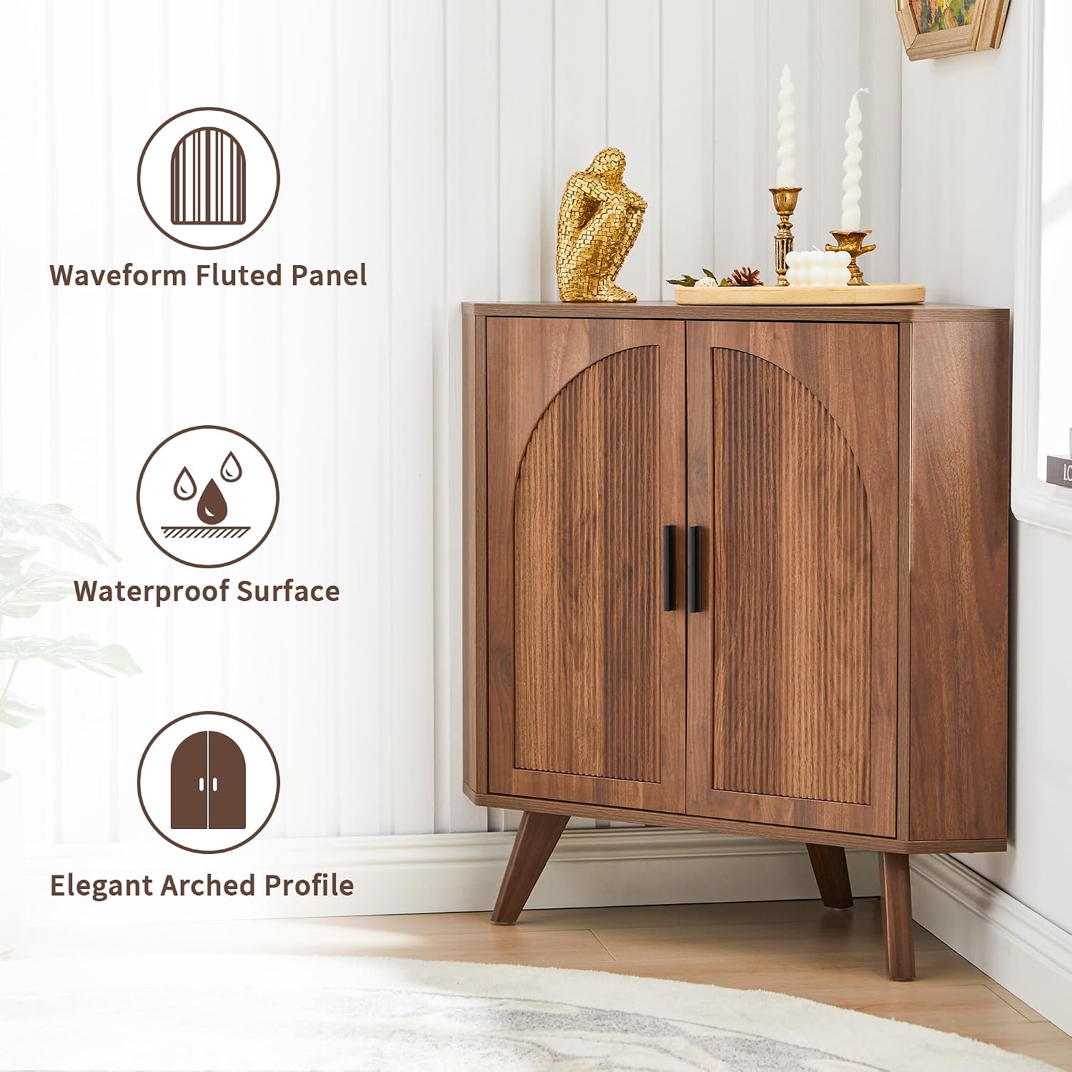 BERRYMERRY Fluted Corner Cabinet with Storage,Space Saving Corner Floor Cabinet with Adjustable Shelve & Arched Profile Door for Living Room Kitchen Bathroom (Brown, 15.7'D x 31.5'W x 30.7'H)