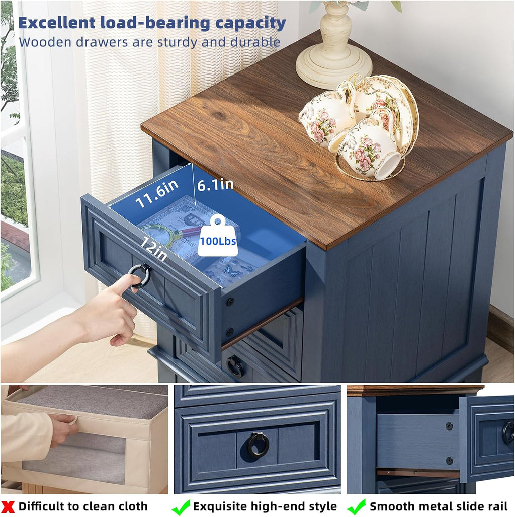 Joaxswe Night Stand Set of 2, Farmhouse 18' End Table with 3 Drawer Metal Handle, Dresser for Bedroom, Sofa Bed Side Table Chest of Drawers,Wood Nightstand Cabinet for Organizer, Living Room-Blue