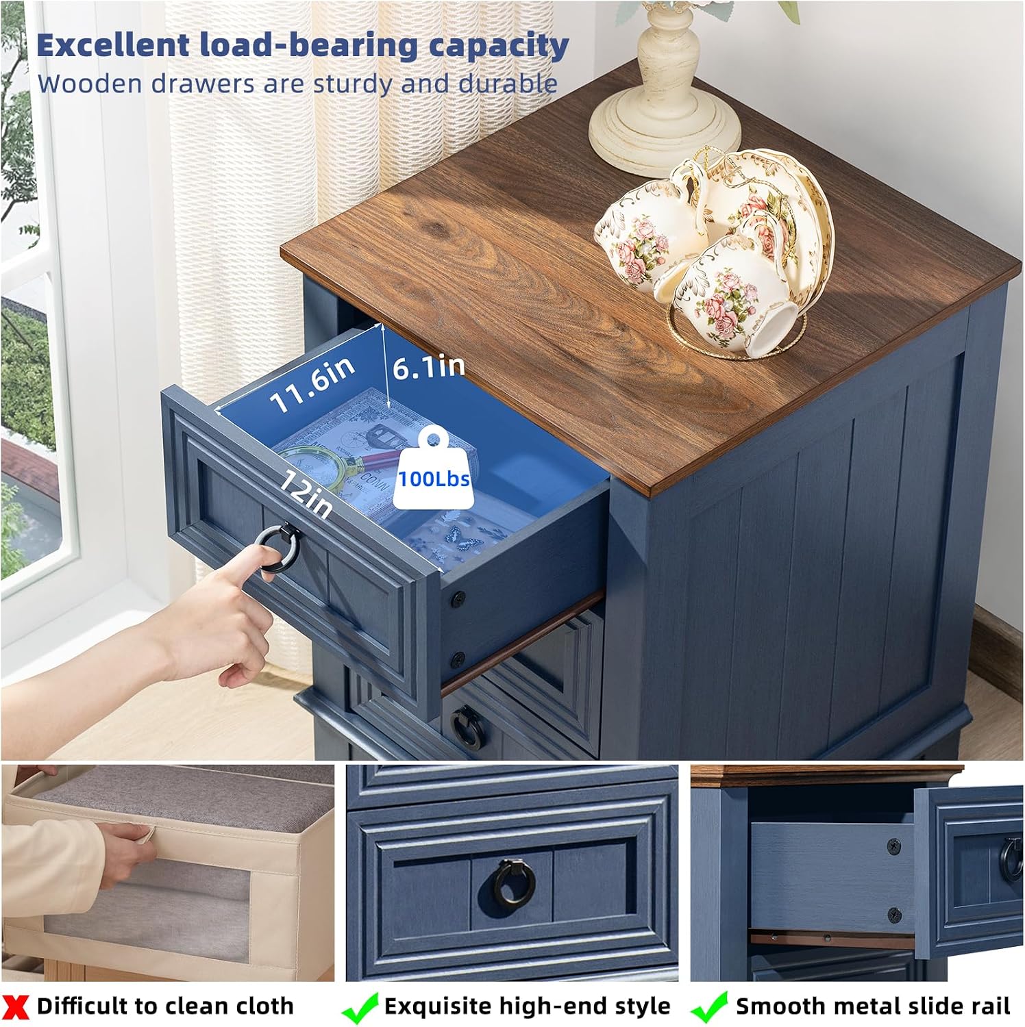 Joaxswe Night Stand Set of 2, Farmhouse 18' End Table with 3 Drawer Metal Handle, Dresser for Bedroom, Sofa Bed Side Table Chest of Drawers,Wood Nightstand Cabinet for Organizer, Living Room-Blue