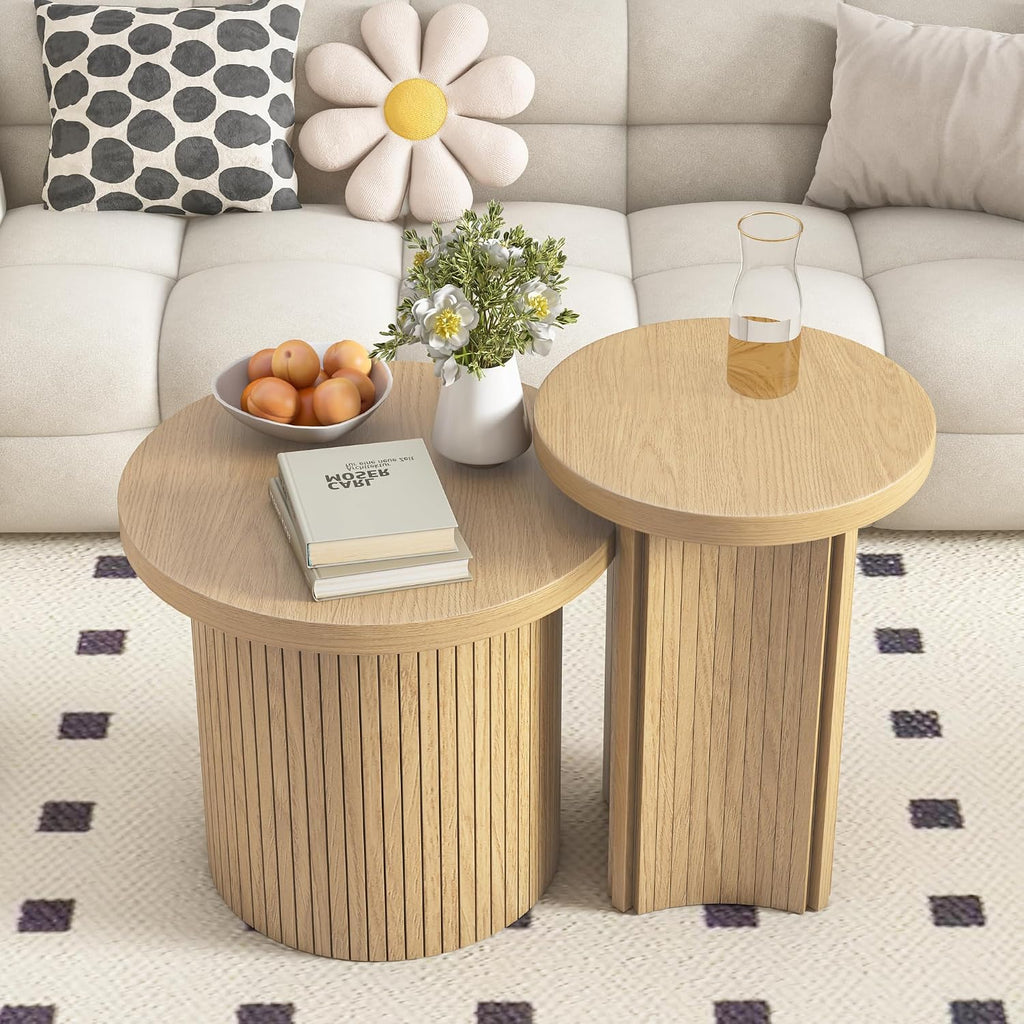 Round Nesting Coffee Table Set, Stackable Small Wood Grain Coffee Tables, Modern Space‑Saving Round Side End Tables for Living Room, Apartment, Bedroom, Small Spaces, Easy Assembly Home Furniture