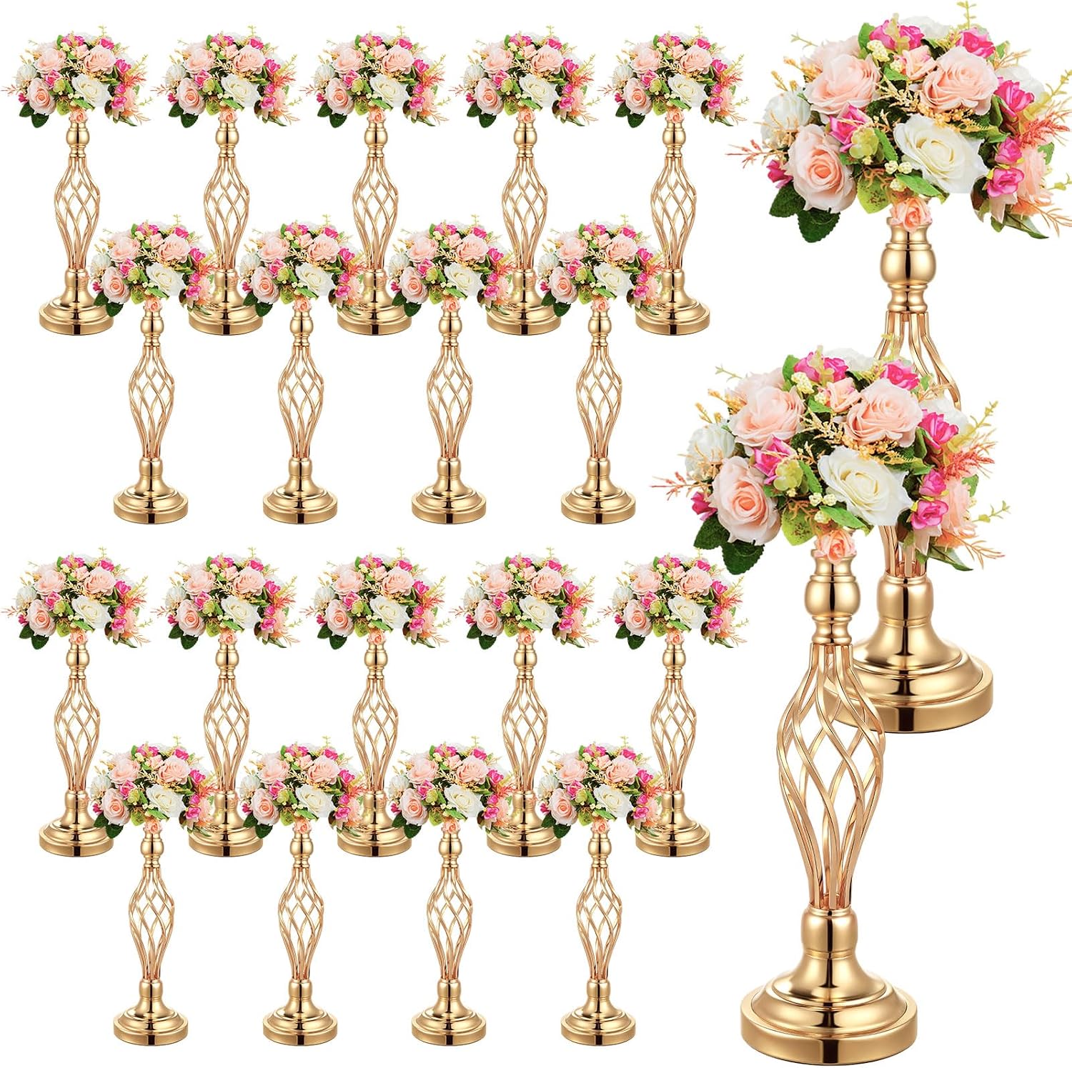 Rtteri 20 Pcs Large Wedding Centerpiece Table Decorations Tall Metal Flower Arrangement Stand Elegant Flower Vase Candle Holder for Wedding Reception Table Party Event Hotel Home Decor (Gold,Small)