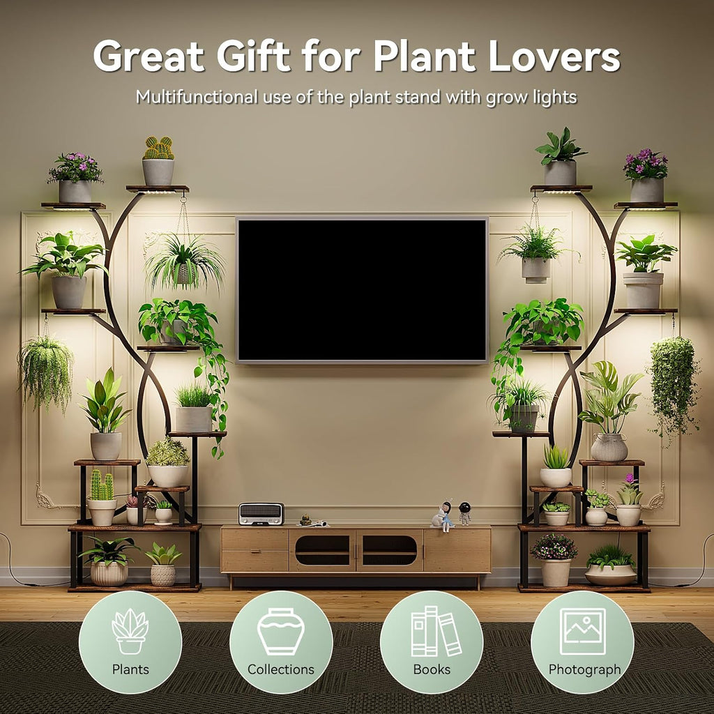 Plant Stand Indoor with Grow Lights 9 Tiered Wood Plant Shelf 62' Tall Plant Stand Metal Frame for Indoor Plants Multiple Flower Pot Holder, Large Plant Rack for Living Room Patio Corner 2 Pack