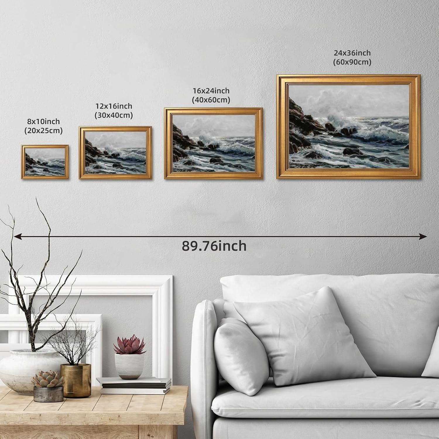 Moody Wave-Crashed Rocks Wall Art Vintage Minimalist Stormy Seascape Canvas Print Impressionist Classic Nautical Poster for Bedroom Living Room Maritime Artwork Home Wall DecorGolden frame24X36inch