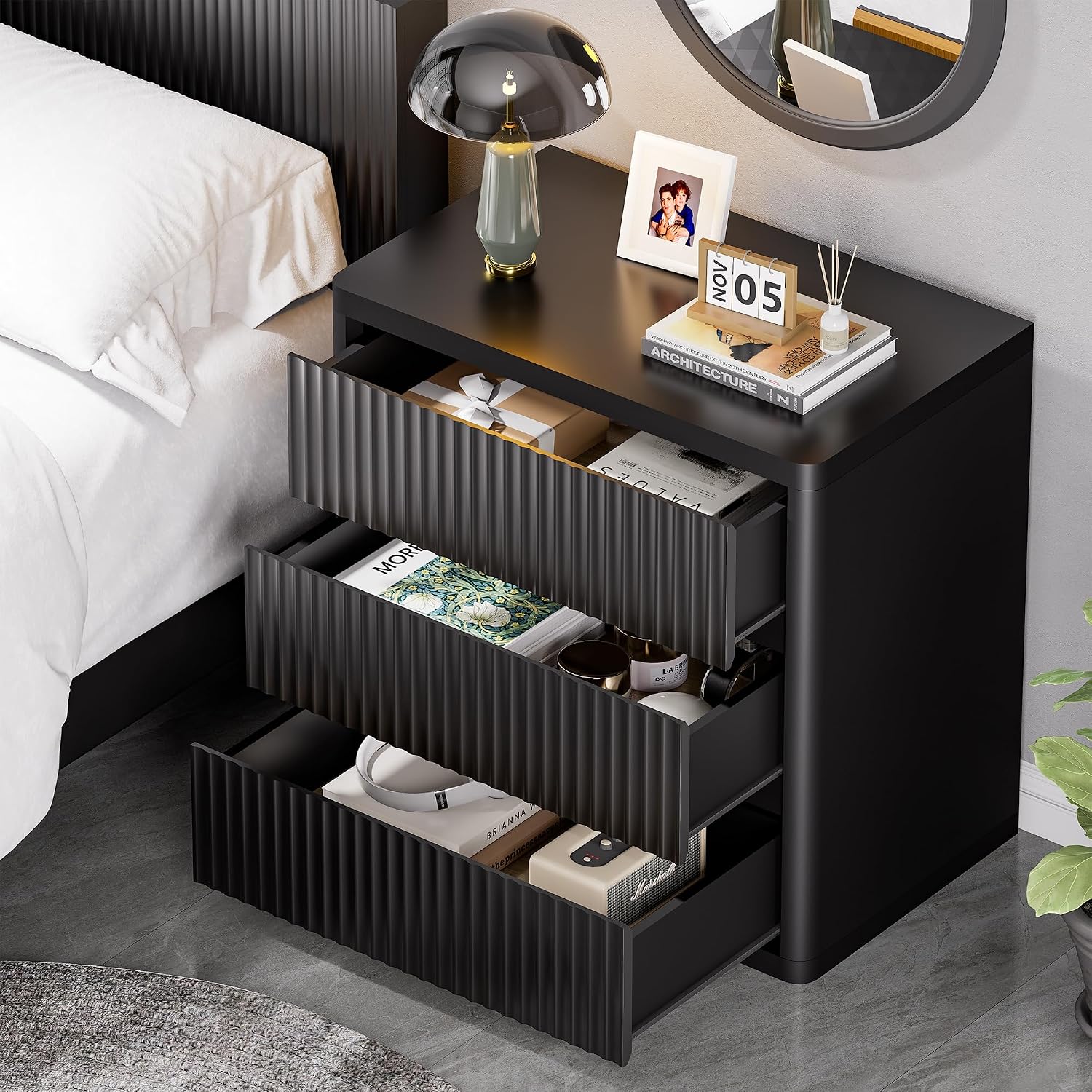 Black Nightstand Set 2, Bedside Table with 3 Drawers Storage, Curved Profile Fluted Night Stand for Bedroom, Wooden Side Tables Living Room, 24.8' Wide End Table for Sofa Couch, Handleless Design