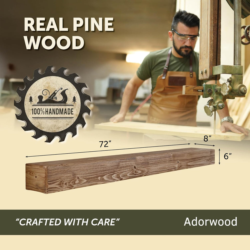 Handmade Fireplace Mantel Shelf 72', Extra Wide Rustic Wood Mantles for Over Fireplace, Wall Mounted Floating Mantel Shelves for Living Room Decor (Light Rustic, 72Lx6Hx8D)