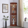 czczgx Lighted Wooden Corner Display Curio Cabinet, Curved Shelving Unit with Adjustable Shelves and Mirrored Back Panel, Tempered Glass Doors for Bedroom, Living Room (Walnut, Corner Shape)