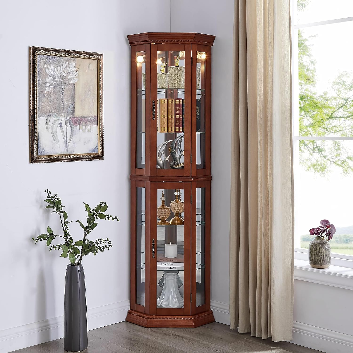czczgx Lighted Wooden Corner Display Curio Cabinet, Curved Shelving Unit with Adjustable Shelves and Mirrored Back Panel, Tempered Glass Doors for Bedroom, Living Room (Walnut, Corner Shape)
