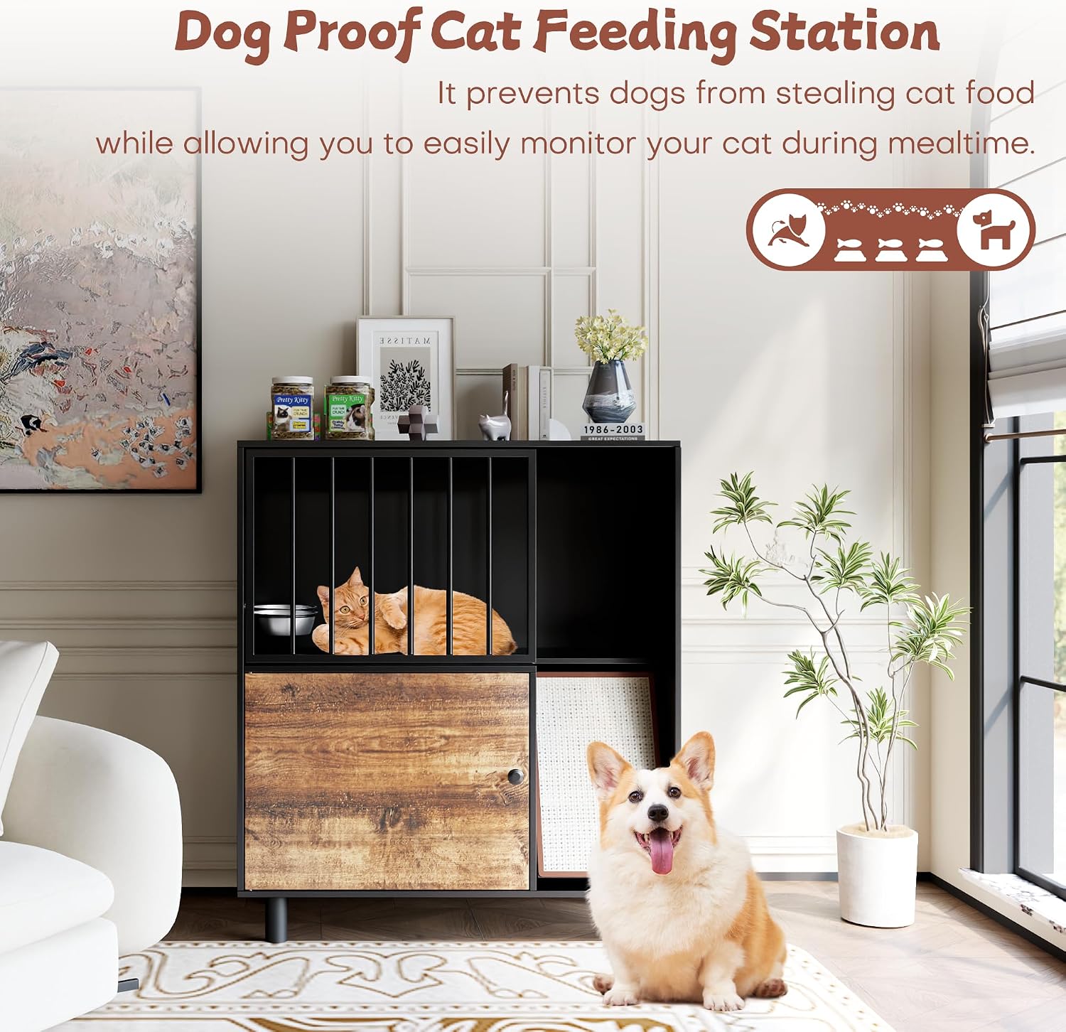 Dog Proof Cat Feeding Station, Cat Feeding Station Furniture with Storage and Cats Scratching Board, 2 Raised Pet Food and Water Bowl for Indoor Cats, Large Pet Cabinet