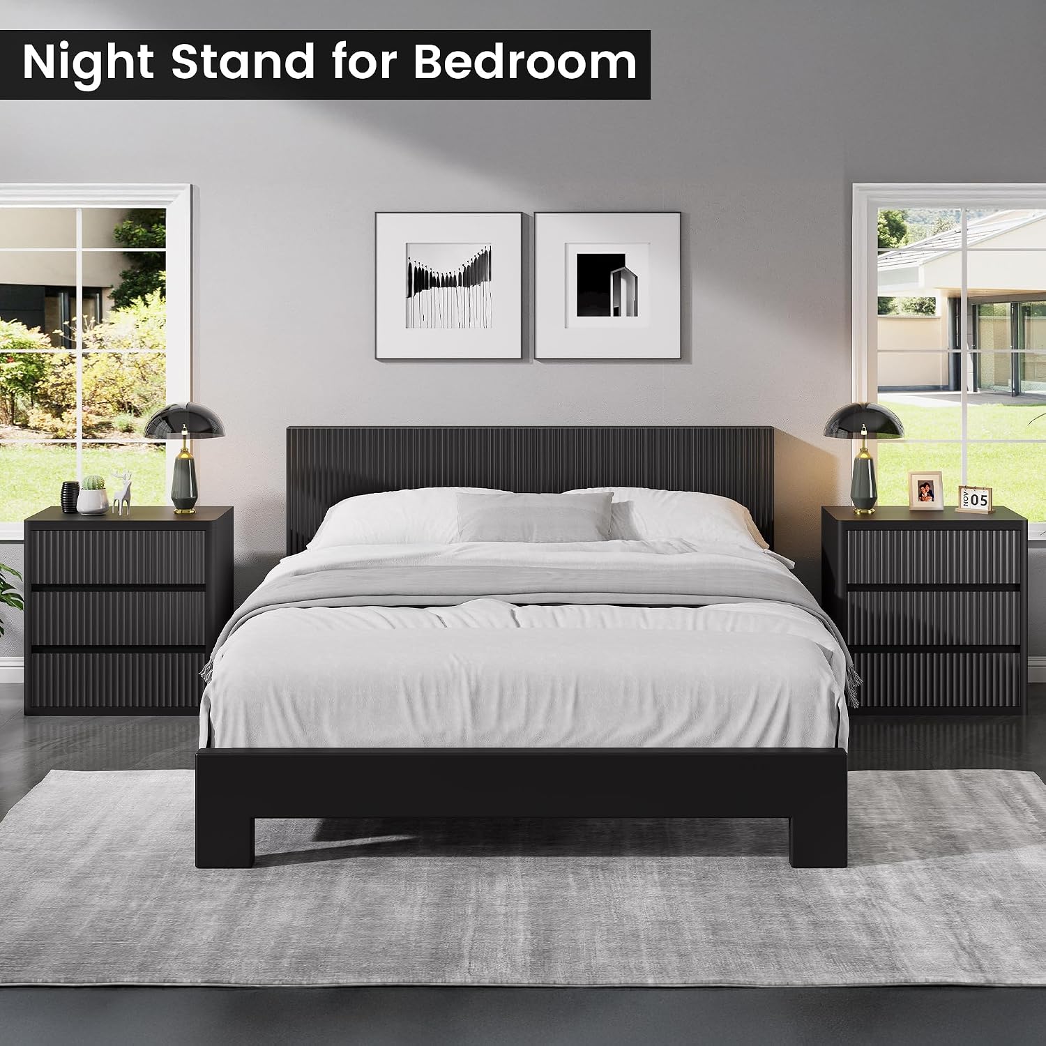 3 Drawer Nightstand, Black Night Stand with Large Storage, Fluted Nightstand for Bedroom, Mid Century Modern End Table Side Table for Living Room Sofa Couch Home Office, Bedside Table 26 Inch Tall