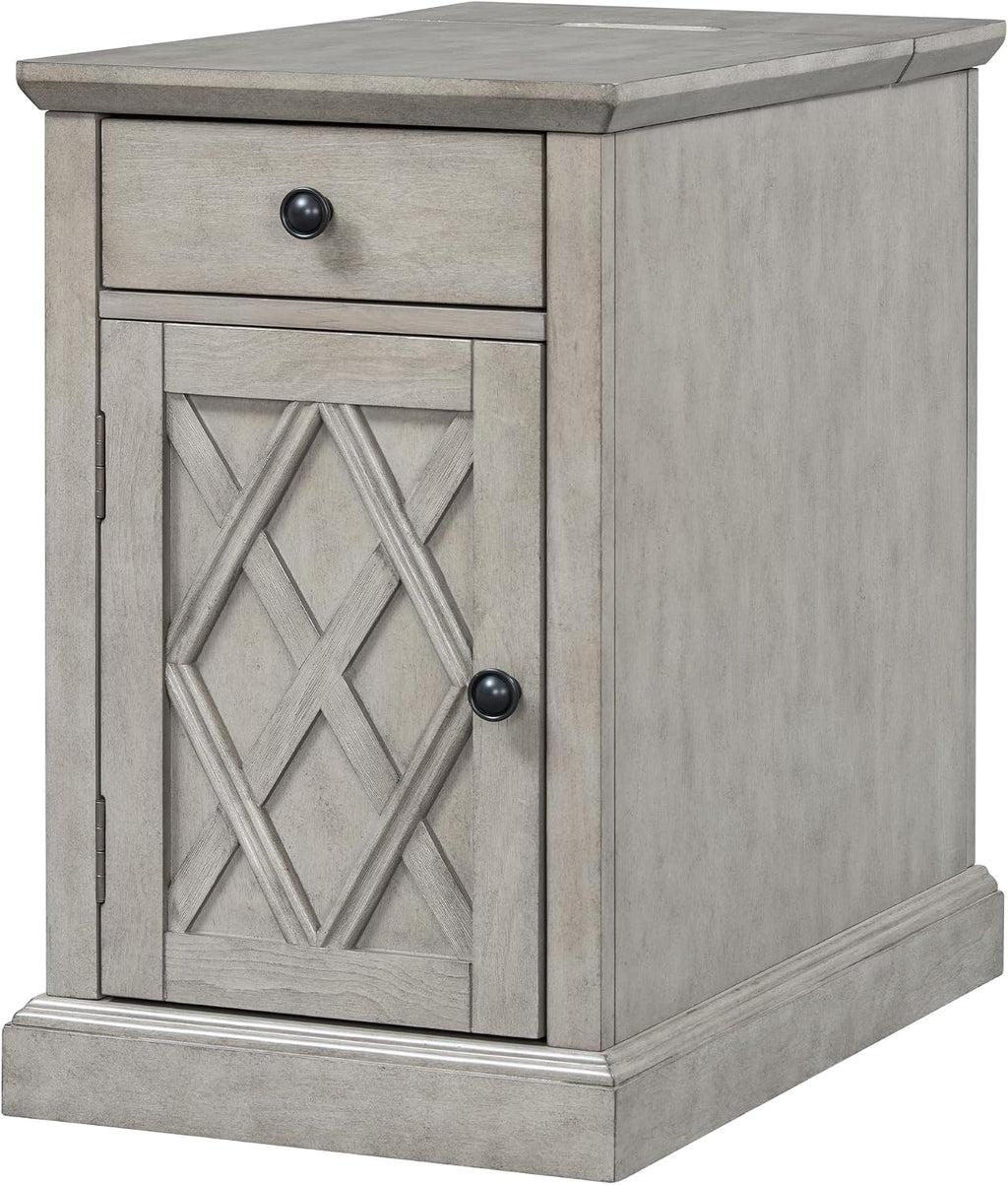Multifunctional Classic Vintage End Table with USB Ports and 1 Drawer with Cup Holders, Sofa Side Narrow Table with Storage, Bedside Nightstand for Living Room Bedroom (Antique Gray-4.3)