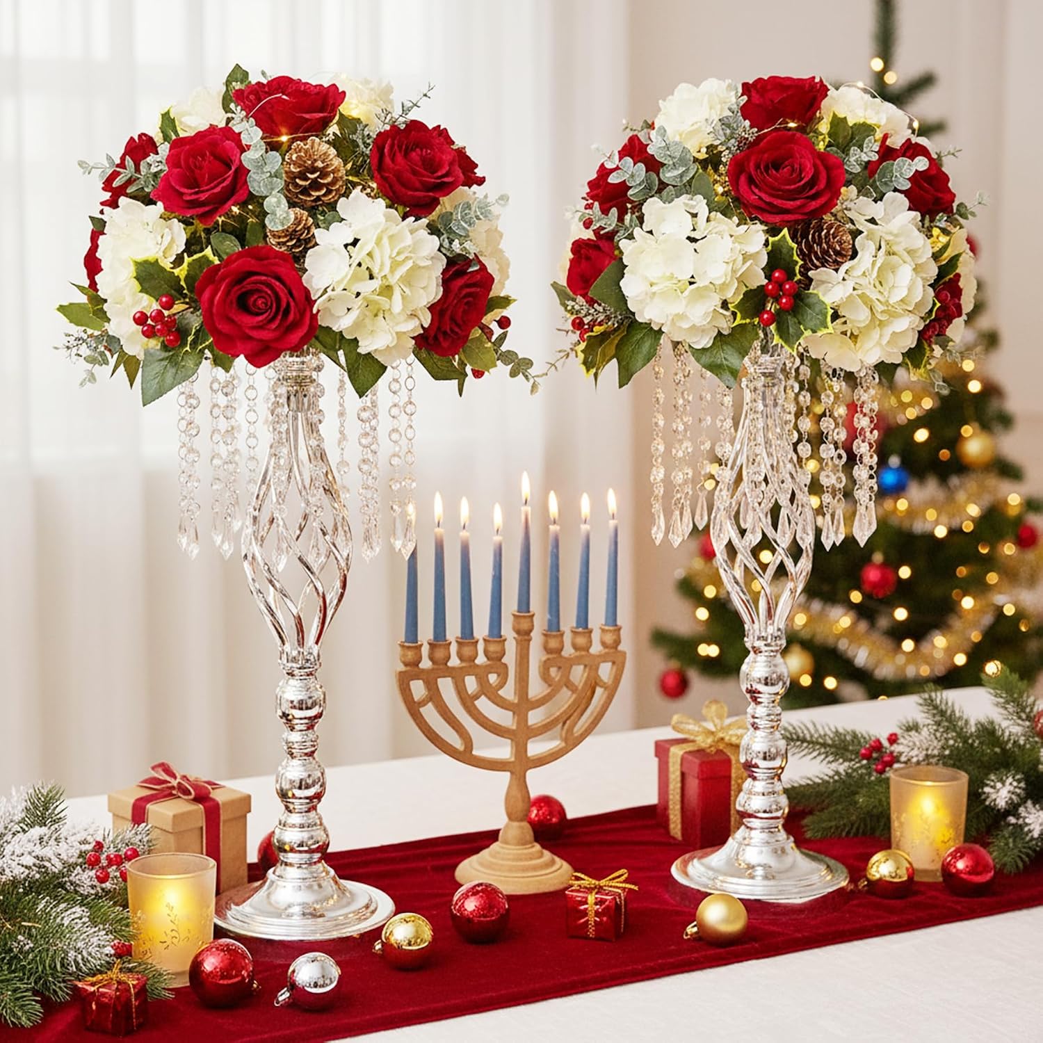Metal Flower Stands with Crystal Beads - Wedding Centerpieces for Table Decorations, Elegant Metal Flower Arrangement Stands, Flower Vases for Wedding Party Celebration Home Decor (Silver-10pcs)