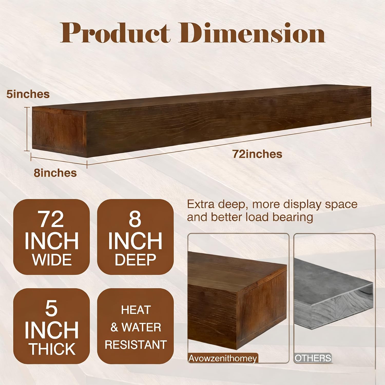 Fireplace Mantel 72inch - Solid Wood Mantel Shelf with Hidden Brackets | Floating Mantle Shelves Decor for Wall, Bedroom, TV, Livingroom(Brown
