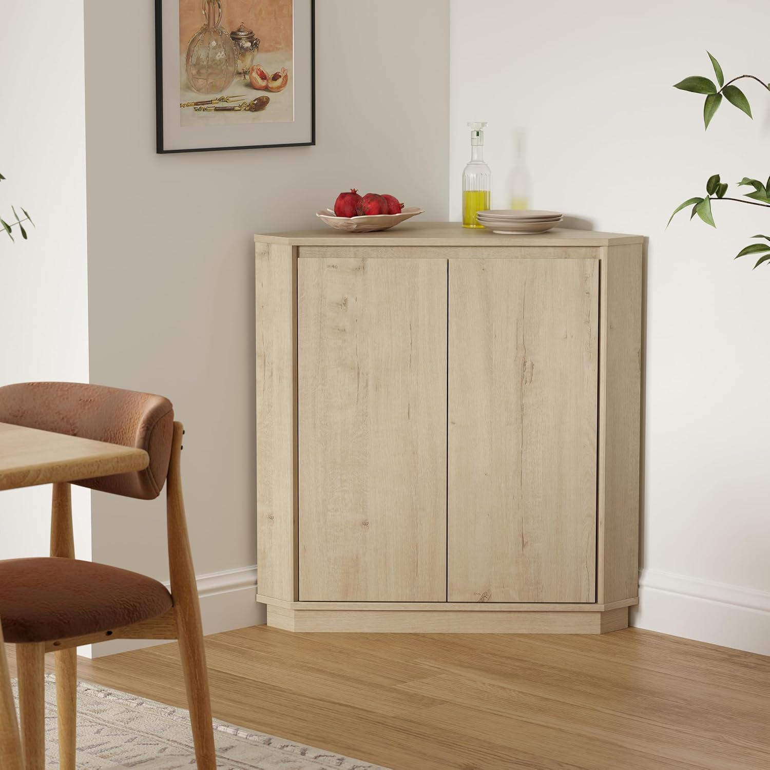 EYYTHUNG Corner Cabinet, Modern Handless Corner Floor Cabinet with 2 Doors and 2-Tier Shelves, Freestanding Narrow Organizer for Living Room Kitchen Bathroom, Light Oak