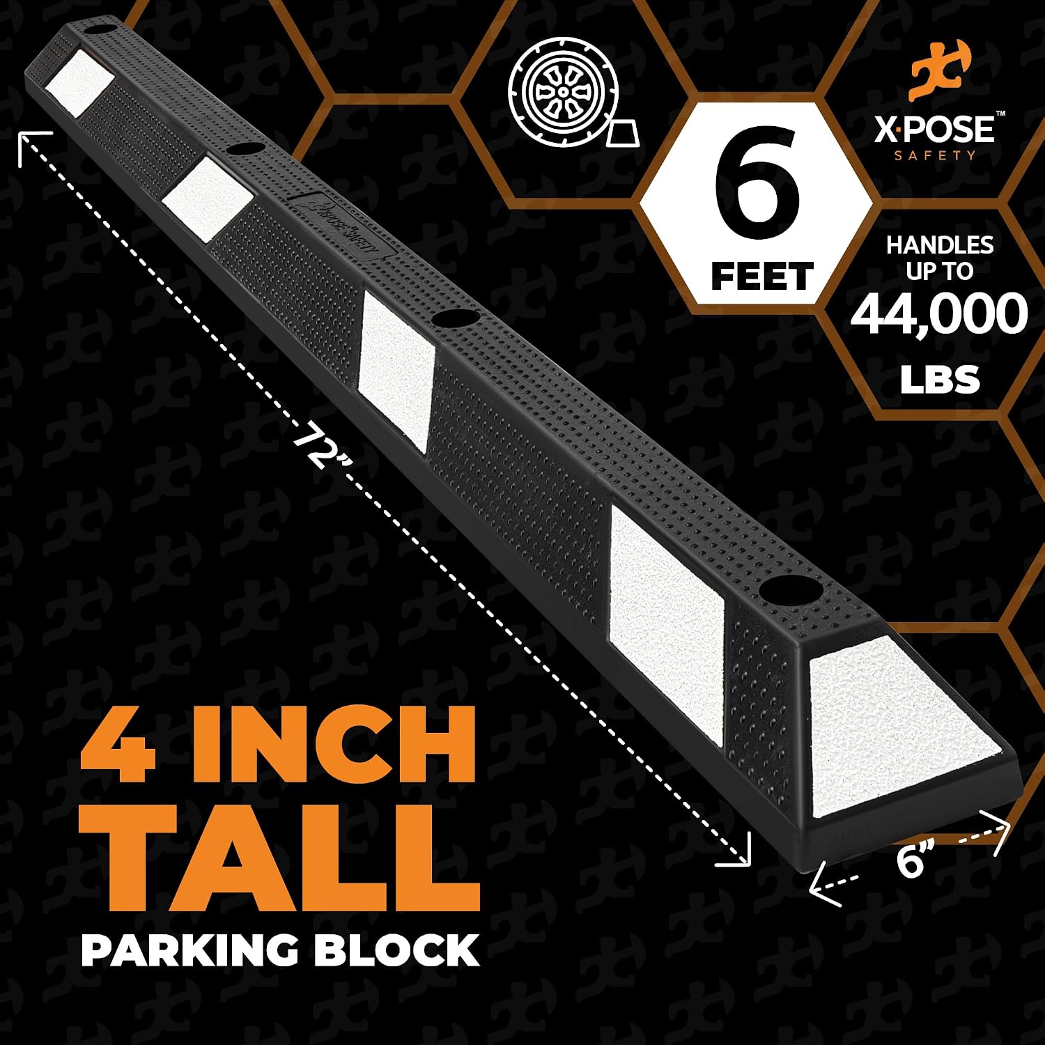 Xpose Safety 72' Heavy Duty Rubber Parking Stopper – 2 Pack Wheel Blocks for Garage, Driveway, or Ramp – Car Bumper Stop with White Reflective Strips – Removable Floor Mount