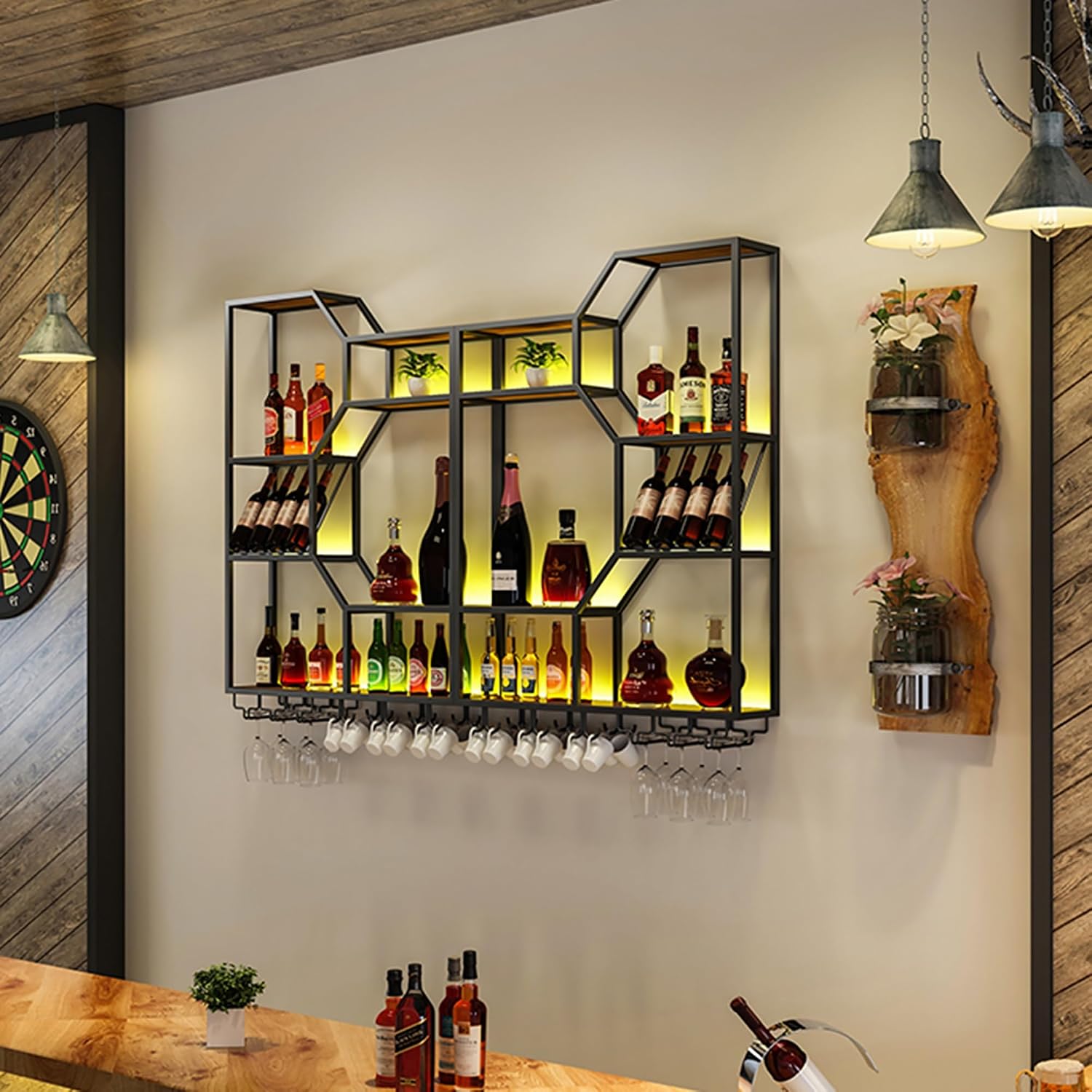 Wine Rack Bar Shelves Wall Mounted with Hanging Wine Glass Rack with Light Strip Whiskey Shelf Corner Bar Kitchen Storage Shelves Mini Bar Liquor Cabinet Bar Bottle Displ,Blackb100X20X130Cm