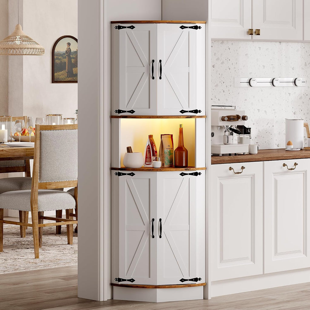GarveeLife 64.6' Farmhouse Corner Bar Cabinet with LED Lights, Tall Freestanding Storage Liquor Cabinet with 4 Barn Doors, 5-Tier Shelves, USB Ports & Outlets, Corner Cabinet for Living Room, Kitchen