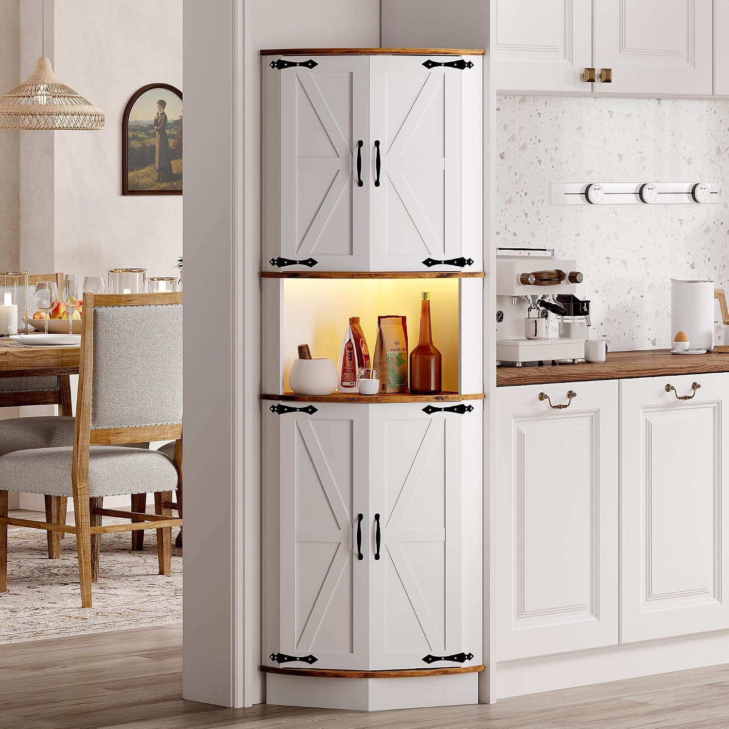 GarveeLife 64.6' Farmhouse Corner Bar Cabinet with LED Lights, Tall Freestanding Storage Liquor Cabinet with 4 Barn Doors, 5-Tier Shelves, USB Ports & Outlets, Corner Cabinet for Living Room, Kitchen