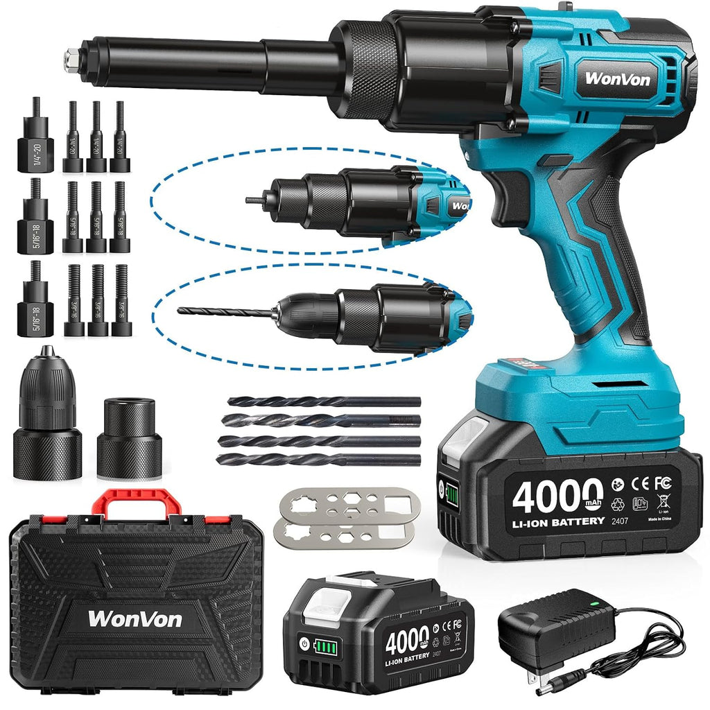 3-in-1 Cordless Electric Rivet/Nut/Drill Gun Tool for Nutsert(10/24' & 1/4' & 5/16' & 3/8'),Rivets(1/8'', 5/32'', 3/16'),Drill(3/16', 7/32', 1/4', 5/16'), Portable Battery Powered Pop Rivet Nut Drill