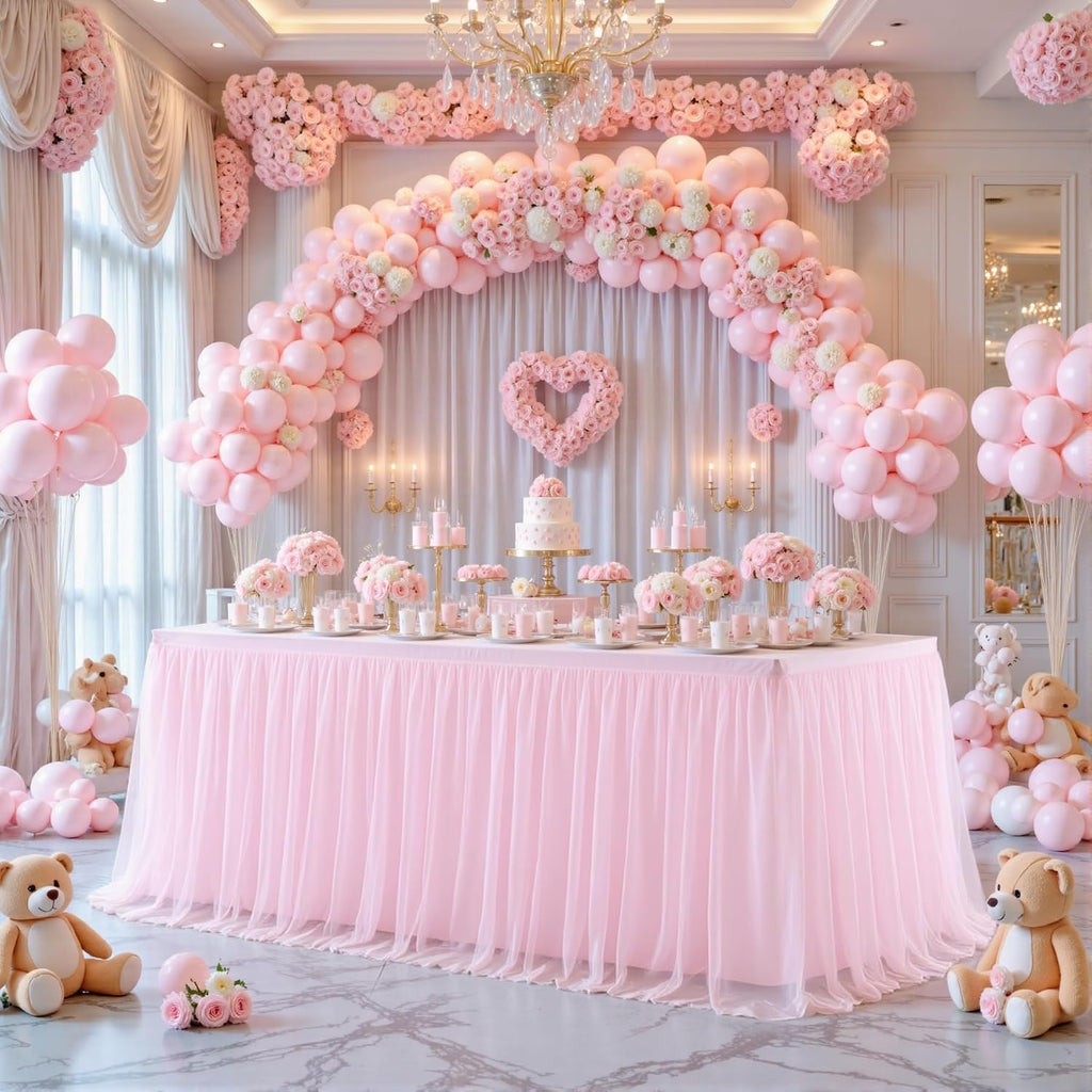 4 Pack 8ft Pink Tablecloths for Rectangle Tables, 8 Foot Pink Rectangular Table Cloth, Wrinkle Free Table Cover with Tutu Skirt for Baby Shower Girls Birthday Party Banquet Buffet Cake Decorations