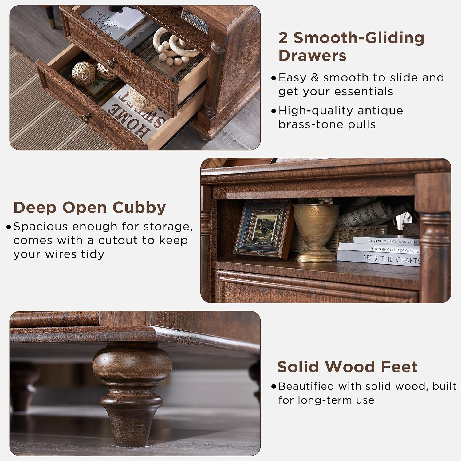 T4TREAM 24'' Farmhouse End Table w/4 Solid Wood Feet, Large 2 Drawers Wide Sofa Side Table with Charging Station, Tall Rustic Wood Square Nightstand for Living Room, Bedroom, Office,Reclaimed Barnwood