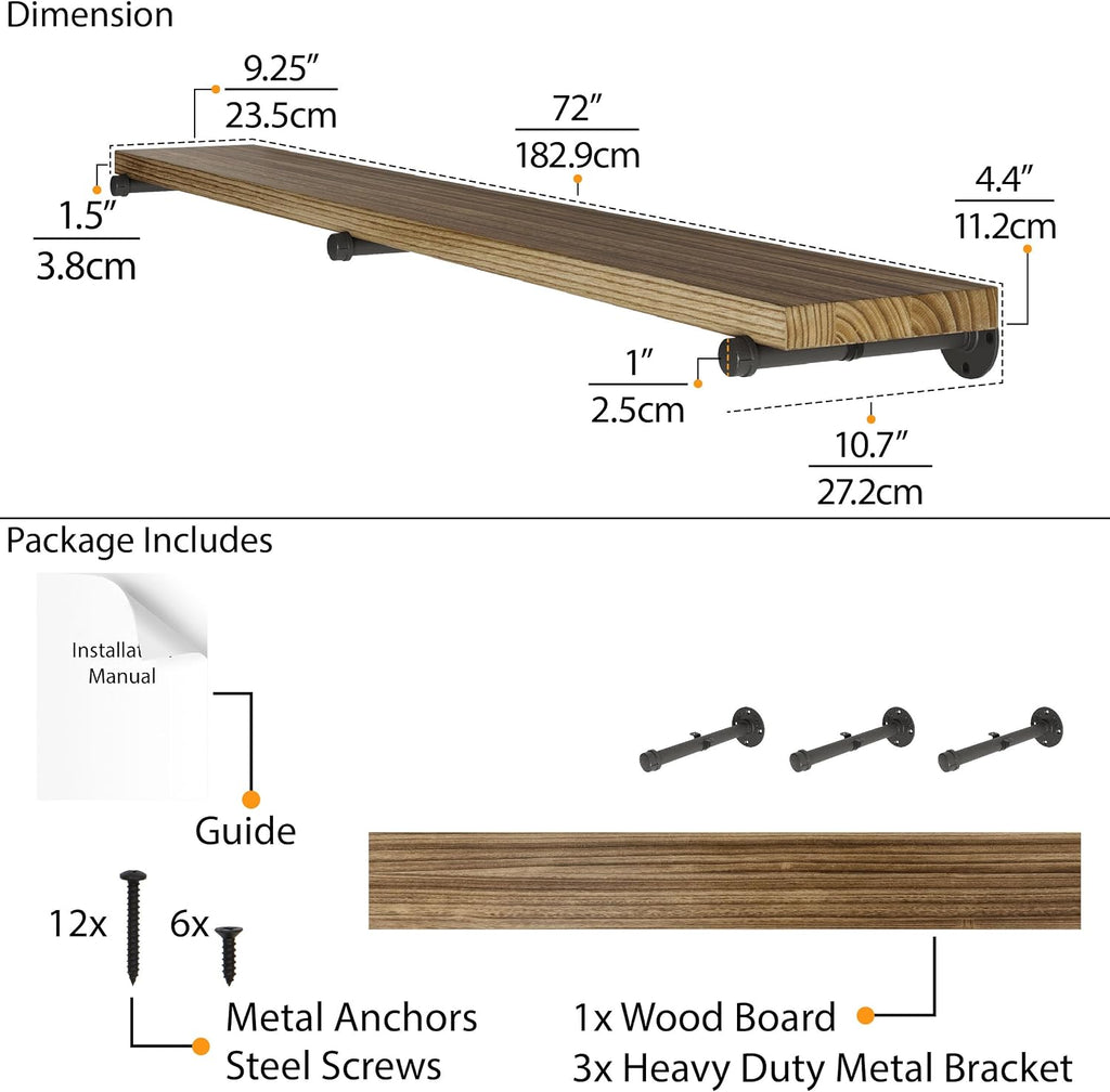 Wallniture Pipe 72' Long Rustic Floating Wall Shelf, Book Shelf for Wall, Industrial Pipe Shelving for Bedroom, Office and Living Room Decor, Burnt Finish, Real Wood
