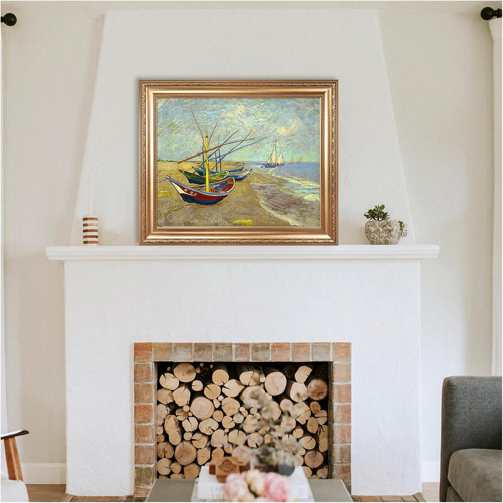 Boats at Saintes Maire by Vincent Van Gogh Framed Size:30x36 inches,Image Size:24x30 inches,Golden Frame The World Classic Art Reproductions,Wall Art for Home Decor