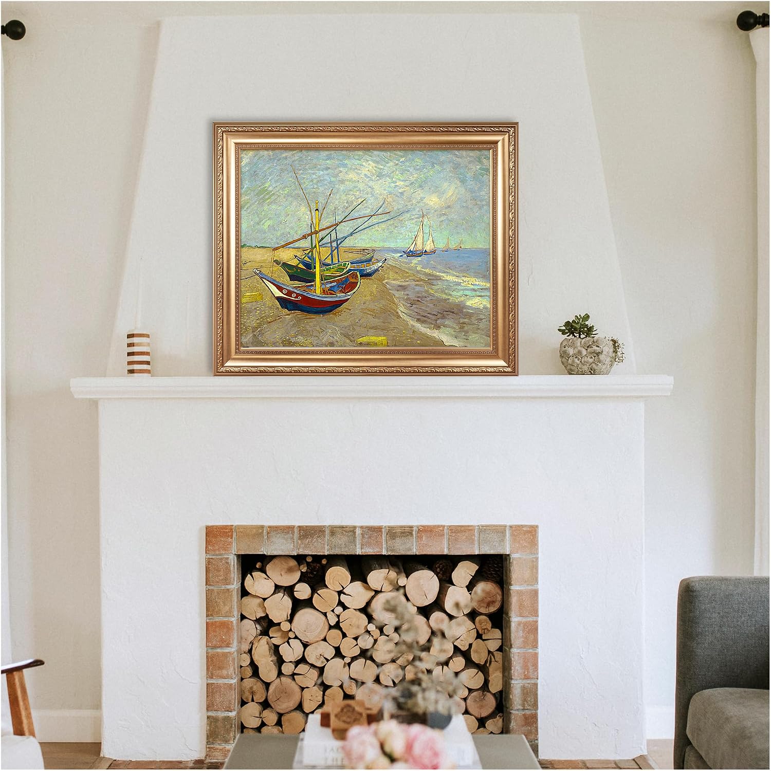 Boats at Saintes Maire by Vincent Van Gogh Framed Size:30x36 inches,Image Size:24x30 inches,Golden Frame The World Classic Art Reproductions,Wall Art for Home Decor