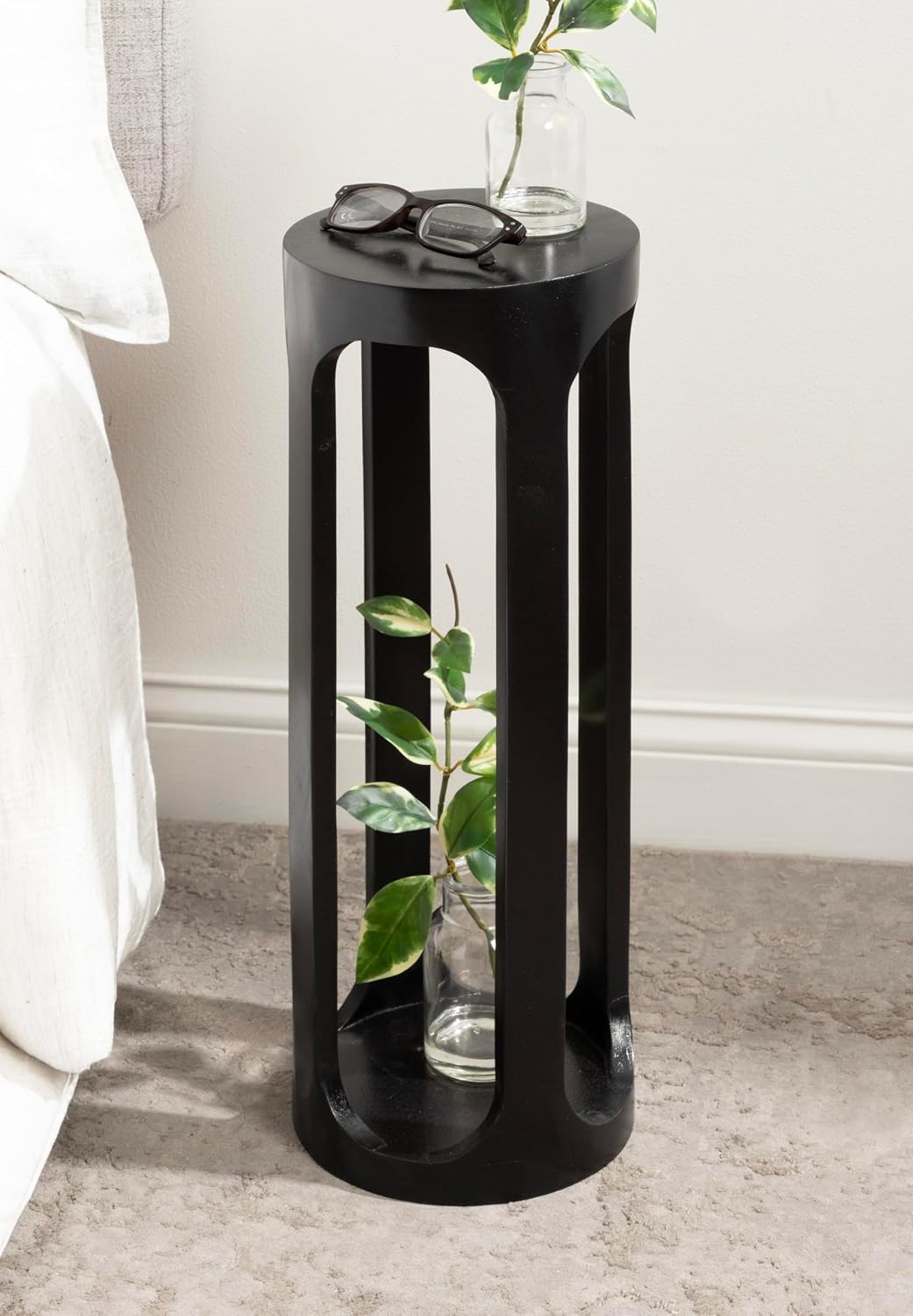Kate and Laurel Dahl Modern Wooden Round Drink Table; 8 x 23; Black; Transitional Circle Wood Accent Pedestal Table for Living Room Plant Stand or Small Bedroom Nightstand