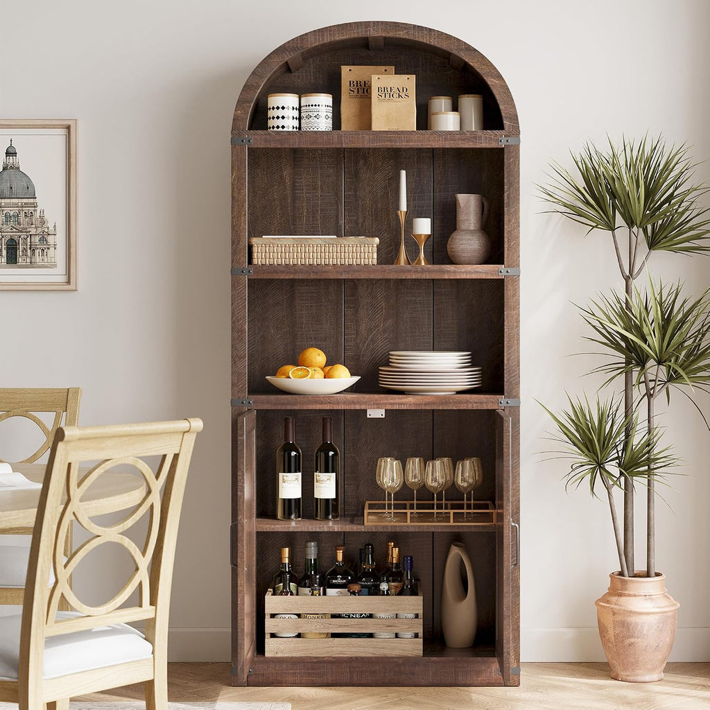GarveeHome Bookcase with Doors Arched Bookshelf 71.65in Tall Bookcase Farmhouse Cabinet with Shelves Wooden Bookshelves for Home Office, Living Room (Reddish-Brown)