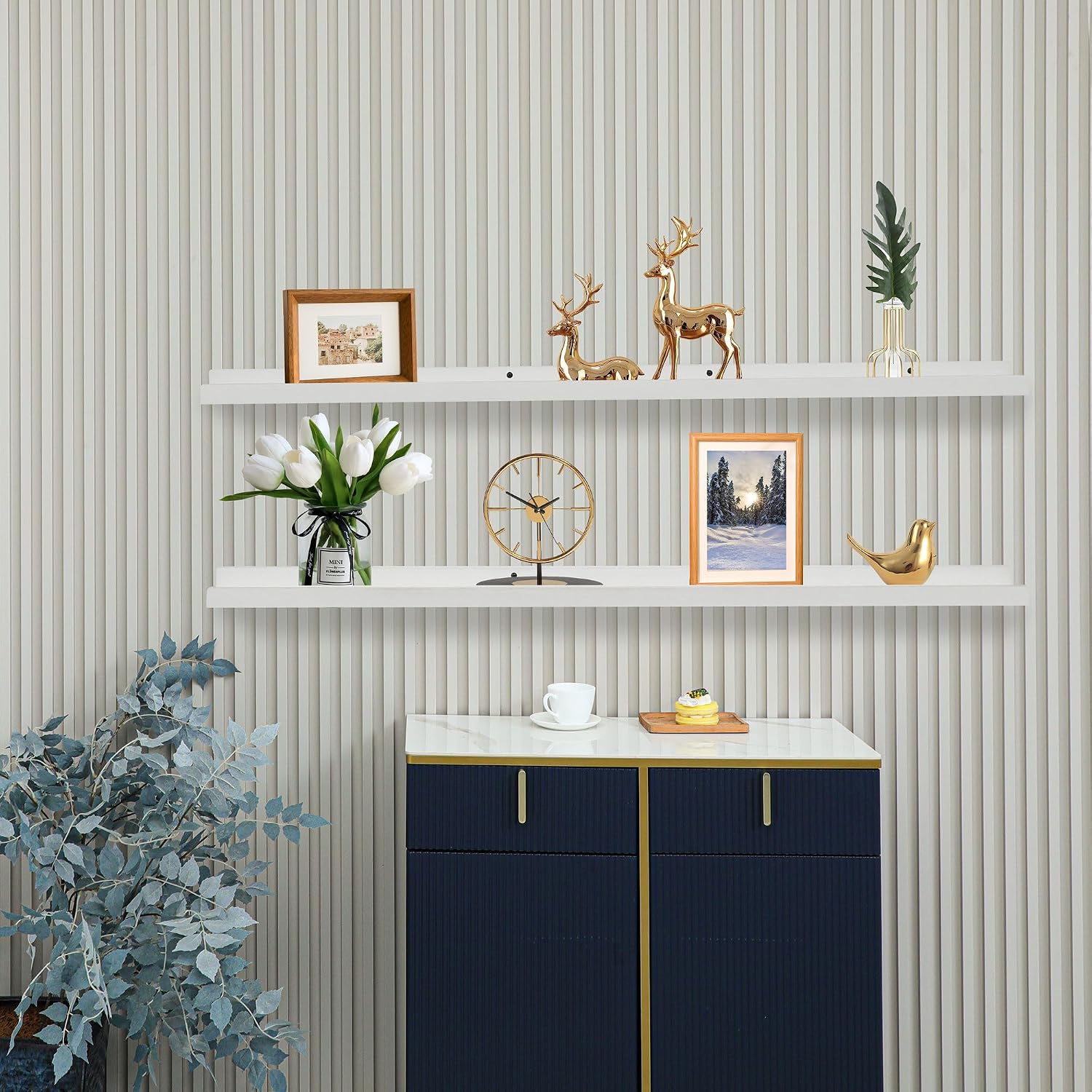 PHOENANCEE Long Floating Shelves for Wall 57 Inch,Real Wood Picture Ledge with Lip Set of 4,Photo Frame Storage Display for Living Room Nursery Bedroom Bathroom Kitchen Home Office Decor (White)