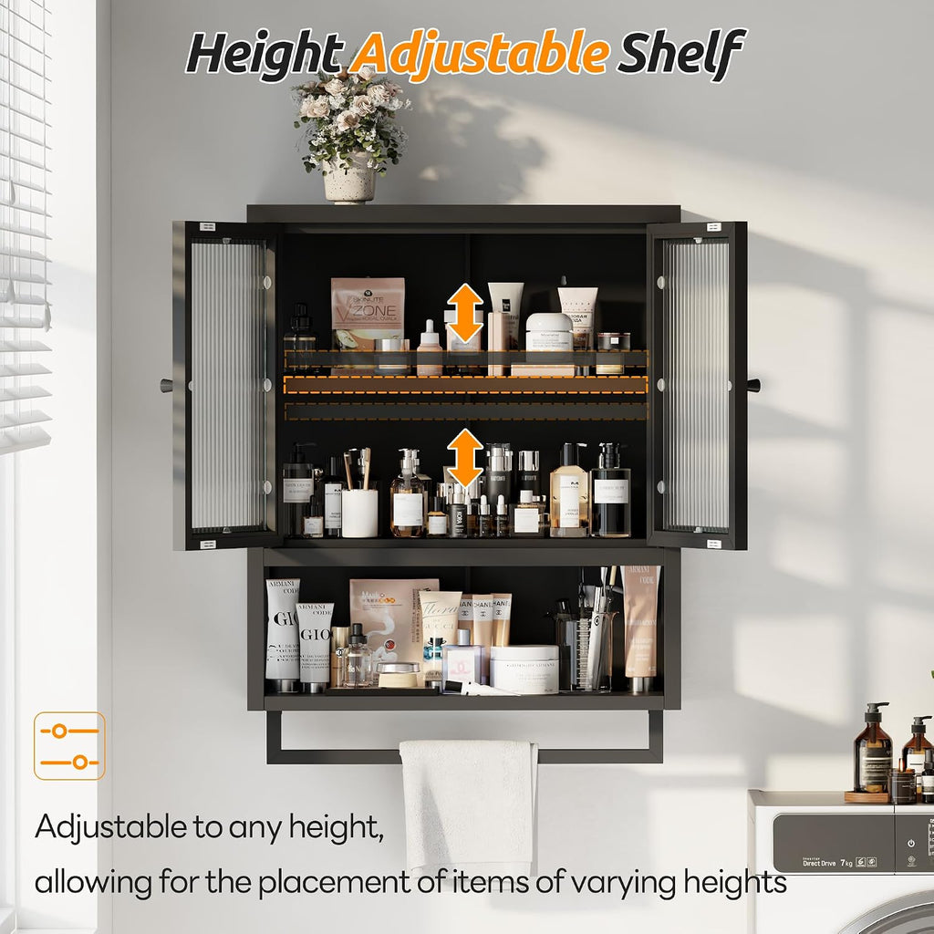 Bathroom Wall Cabinet, Over The Toilet Space Saver Storage Cabinet, Medicine Cabinet with 2 Glass Door and Towel Bar, Metal Wall Mounted Cabinet for Bathroom Laundry Room Kitchen