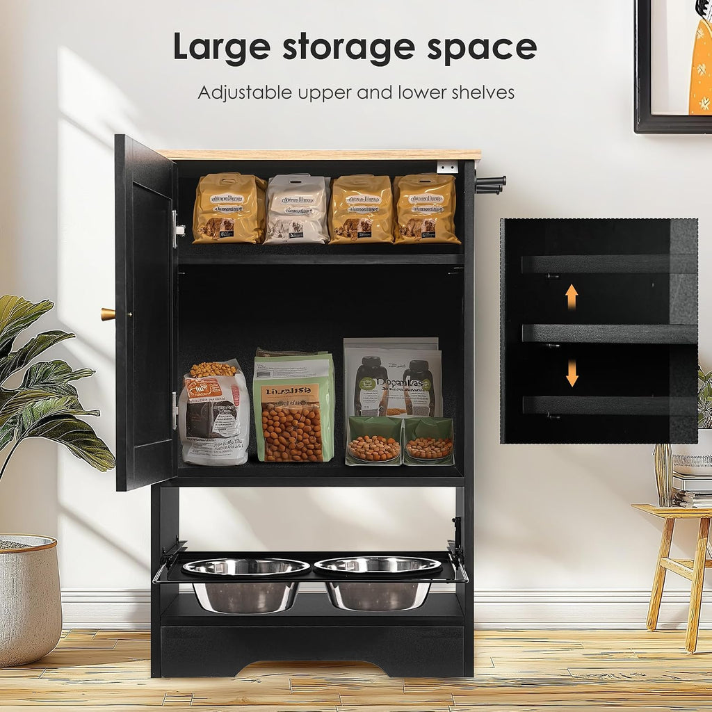 Dog Food Storage Cabinet with Feeding Station, 2 Elevated Stainless Steel Bowls & Side Hooks, Hidden Pet Feeder Organizer with Anti-Tip Design, Black Vintage