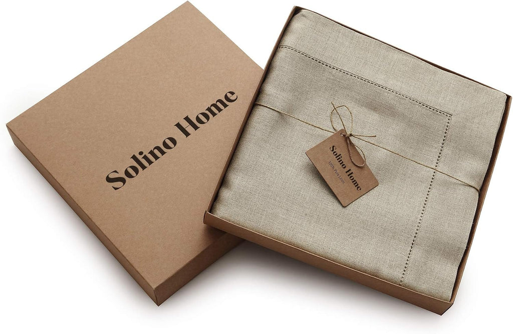 Solino Home Natural Linen Tablecloth 60 x 120 Inch - 100% Pure Linen Hemstitch Table Cloth for Rectangle Tables - Classic Hemstitch, Machine Washable Tablecloth for Summer