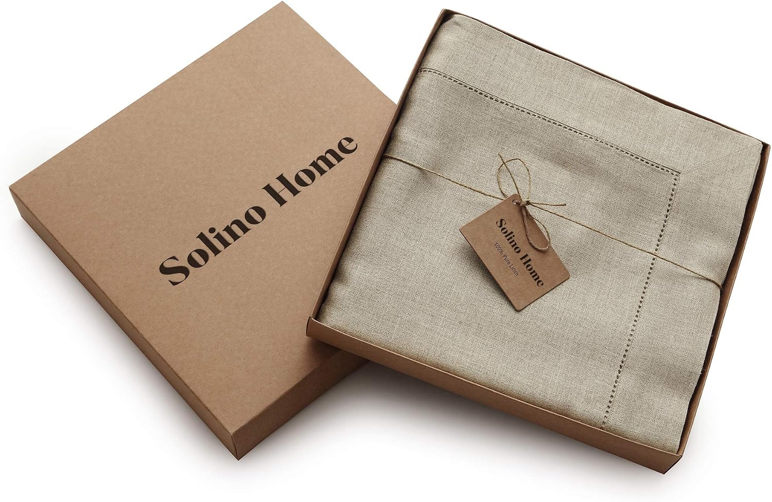 Solino Home Natural Linen Tablecloth 60 x 120 Inch - 100% Pure Linen Hemstitch Table Cloth for Rectangle Tables - Classic Hemstitch, Machine Washable Tablecloth for Summer