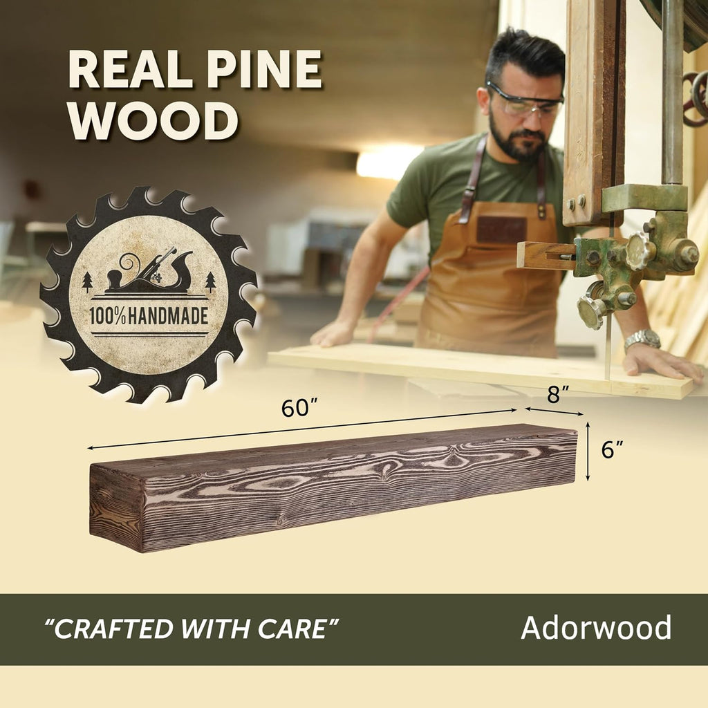 Handmade Fireplace Mantel Shelf 60', Extra Wide Rustic Wood Mantles for Over Fireplace, Wall Mounted Floating Mantel Shelves for Living Room Decor (Dark Rustic, 60Lx6Hx8D inches)