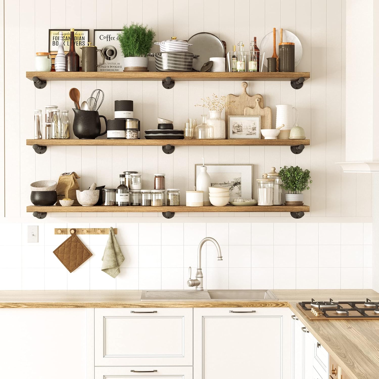 Wallniture Pipe 72' Long Rustic Floating Wall Shelf, Book Shelf for Wall, Industrial Pipe Shelving for Bedroom, Office and Living Room Decor, Burnt Finish, Real Wood