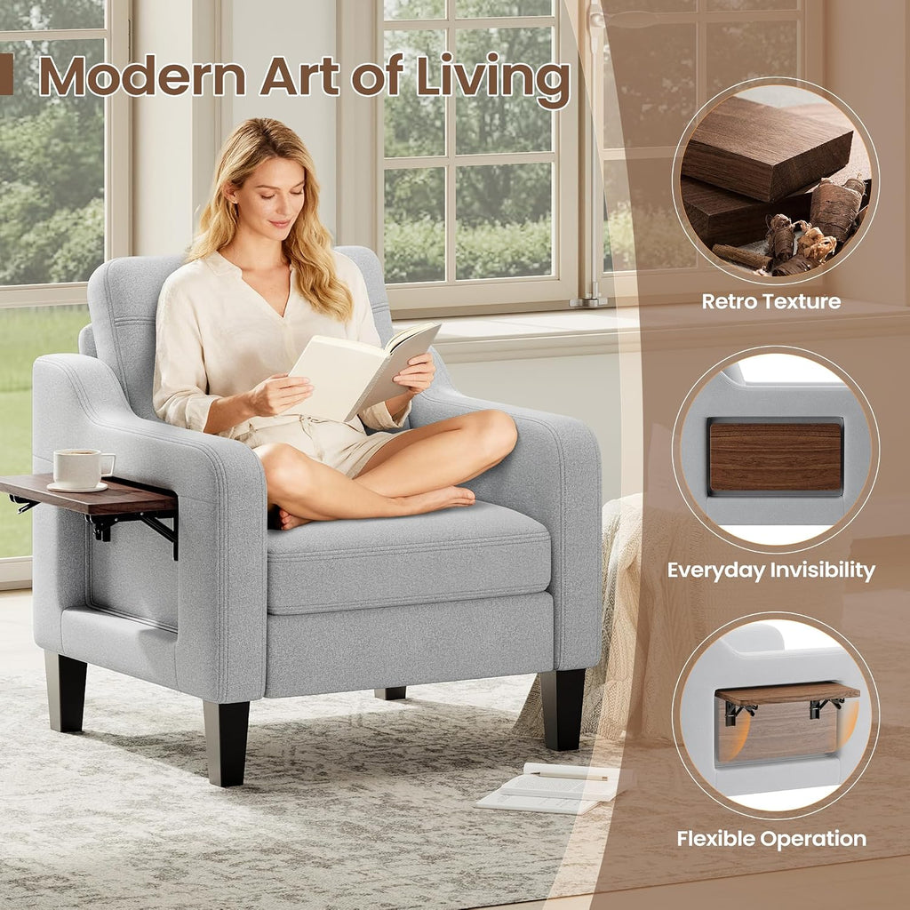 Accent Chair for Living Room Modern Linen Upholstered Armchair Side Wooden Fabric Sofa Chair with Foldable Table 2 Side Pockets Comfy Reading Chair for Bedroom