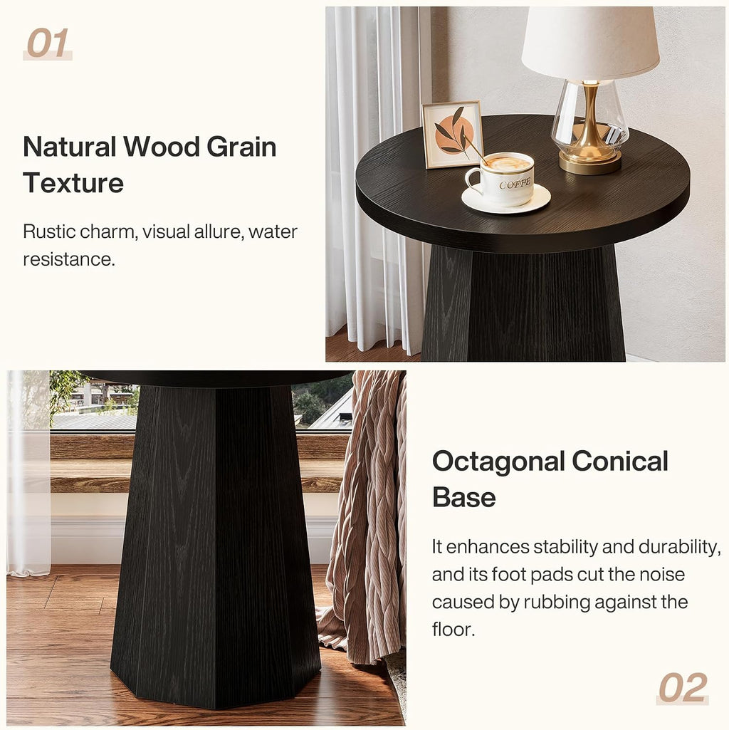 Tribesigns Round Pedestal End Table, Farmhouse Couch Side Table with Octagonal Base, Wooden Drink Stand Accent Nightstand(2, Black)