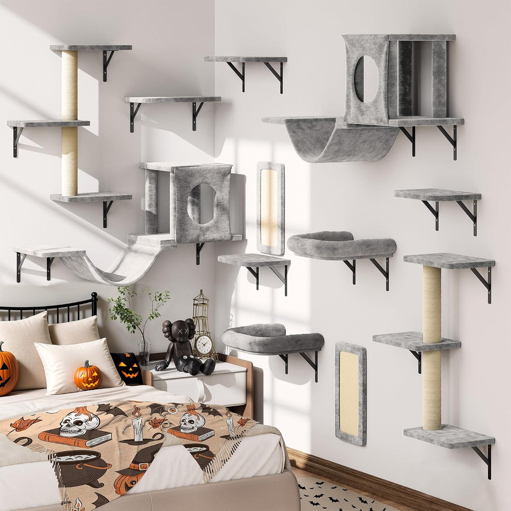 12-in-1 Cat Wall Shelves, Wall Mounted Cat Climber with Condo House, Scratching Post, Bridge Ladder, Space-Saving Indoor Play Furniture for Kittens, Gray