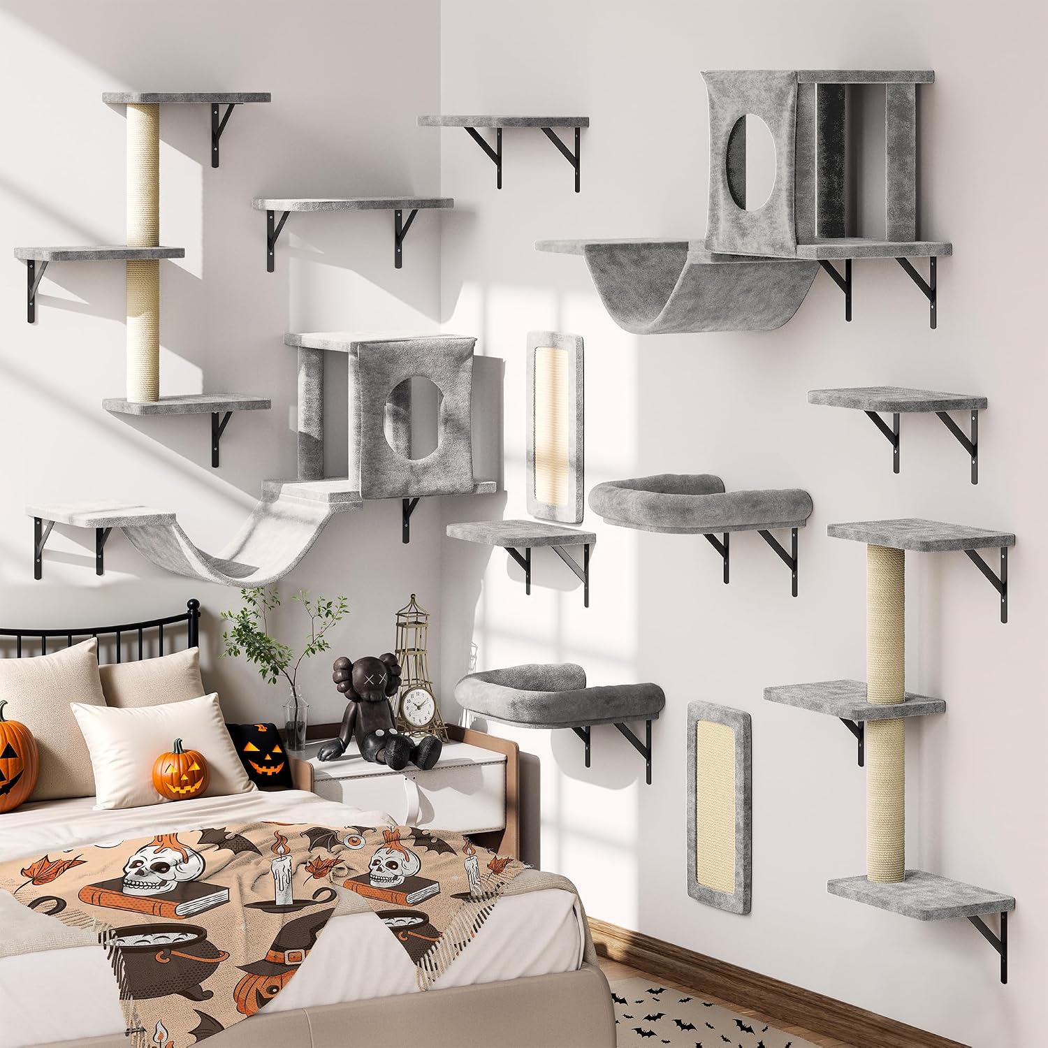 12-in-1 Cat Wall Shelves, Wall Mounted Cat Climber with Condo House, Scratching Post, Bridge Ladder, Space-Saving Indoor Play Furniture for Kittens, Gray
