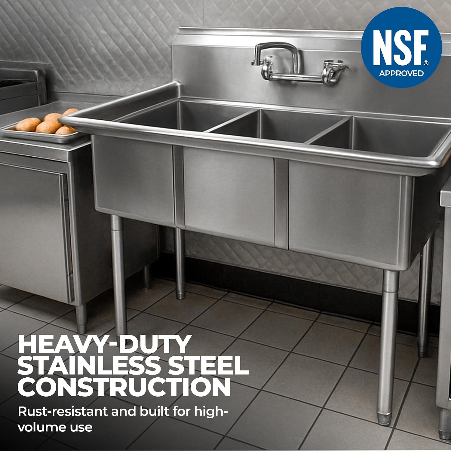 36' 3 Compartment Stainless Steel Utility Sink – Bowl Size 10' x 14' x 10' | NSF Certified Commercial Kitchen Prep Sink