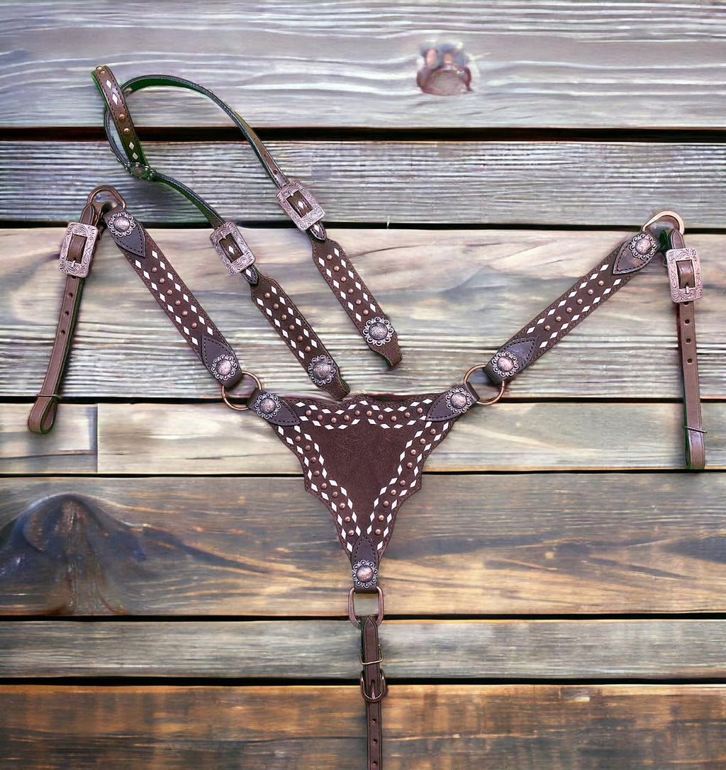 Argentina Cow Leather One Ear Headstall and Breast Collar Set - White Rawhide Buck Stitching & Copper Studs Detailing