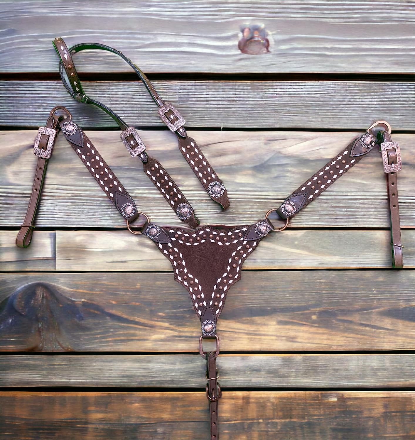 Argentina Cow Leather One Ear Headstall and Breast Collar Set - White Rawhide Buck Stitching & Copper Studs Detailing