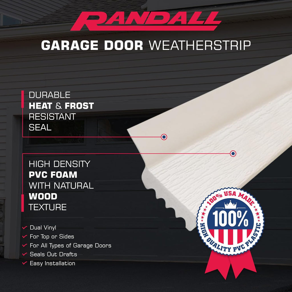 Randall Manufacturing Co., Inc | Garage Door Weatherstrip Door Seal | 7 Feet | Dual Vinyl | for Top or Sides | Box of 15 | White | for All Types of Garage Doors | Seals Out Drafts | Easy Installation