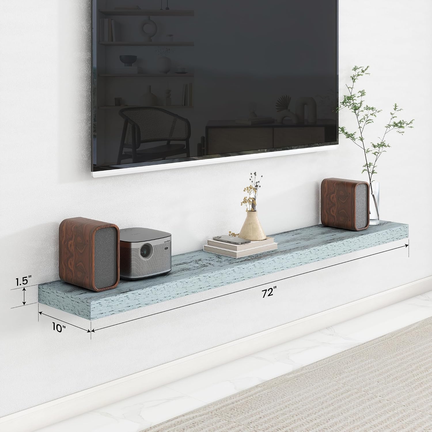 Axeman 72Inch Floating Shelves for Wall, Rustic Wood Shelves for Bedroom, Bathroom, Kitchen, Hanging Wall Mounted Shelf with Invisible Brackets for Books Decor, Set of 1, Rustic Blue