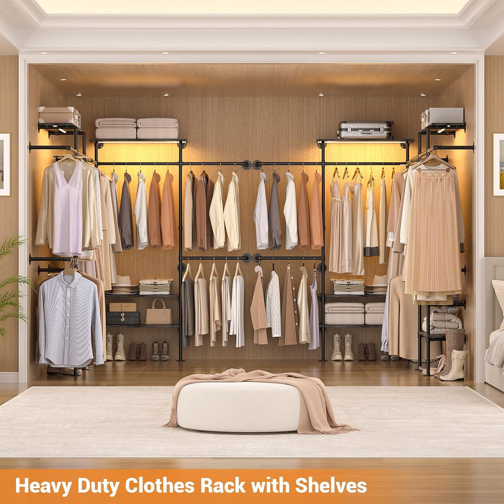Cyclysio Industrial Pipe Clothing Rack, Reversible 7.25FT Wall Mounted Clothes Rack, Heavy Duty Garment Racks Closet Wardrobe with LED Lights& Shelves, Walk-in Closet System, Grey