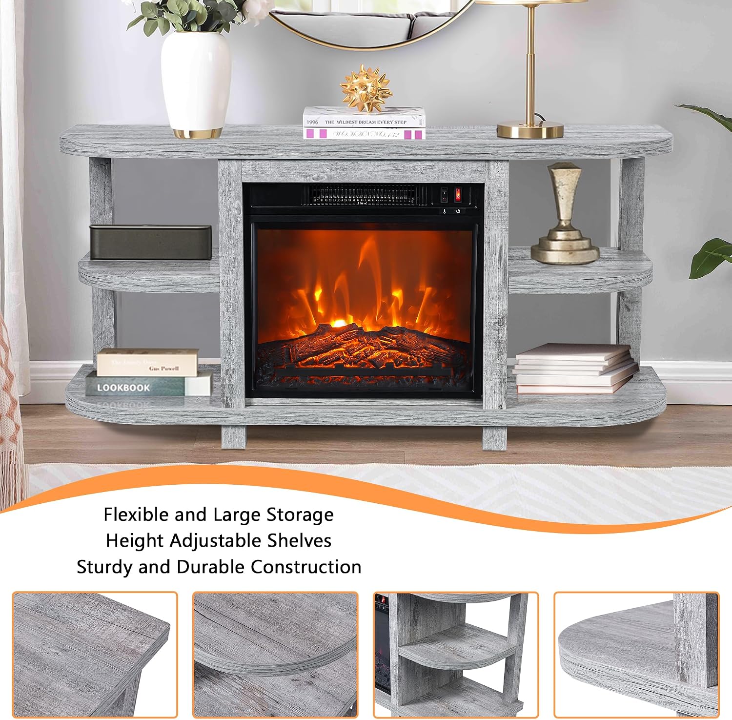 48' Fireplace TV Stand for TVs up to 55', Farmhouse Entertainment Center with 18' Electric Fireplace Insert, 1400W Wood Media Console Table with Open Storage Shelves for Living Room, Bedroom (Gray)