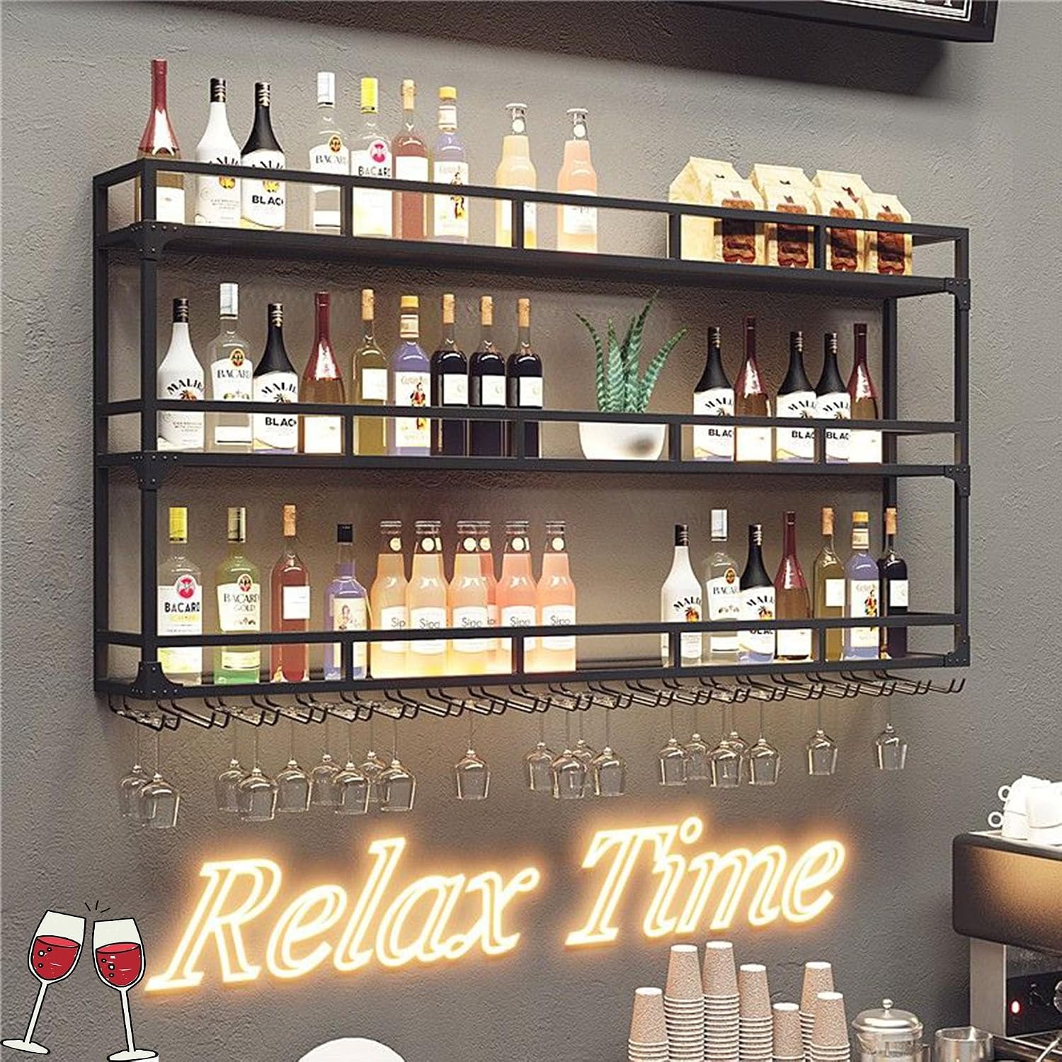 Metal Wall Wine Rack Bar Shelves Liquor Shelf Wall Mounted with LED Light Hanging Wine Glass Holder Rack for Liquor Bottles Floating Bar Cabinet Liquor Bottle Display Shelf for Home Bar Kitchen(Black,
