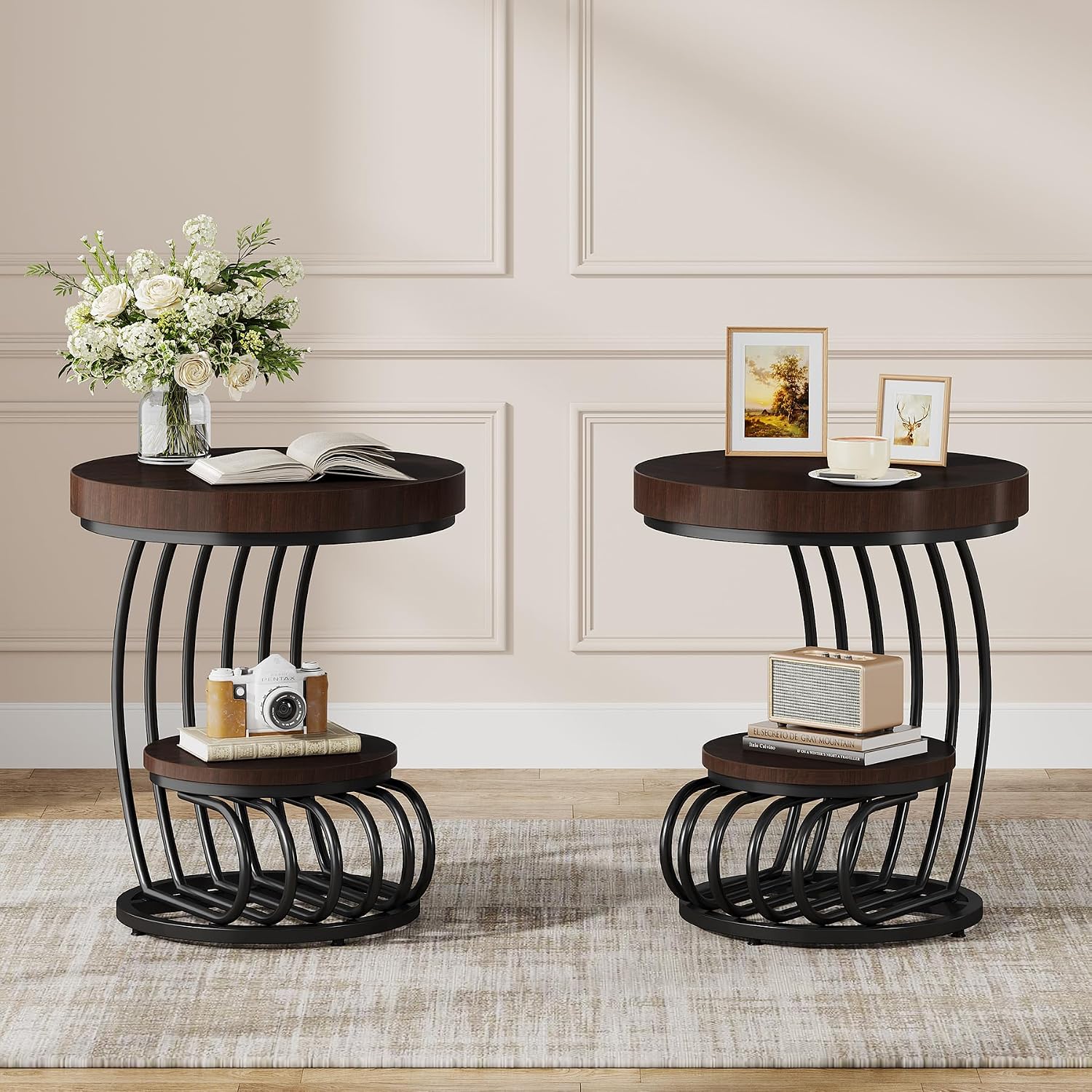 Tribesigns Round End Table Set of 2, 2-Tier Farmhose Wood Side Table with Shelf Storage, Small Sofa Side Bedside Nightstand, Accent Furniture for Living Room, Rustic Brown