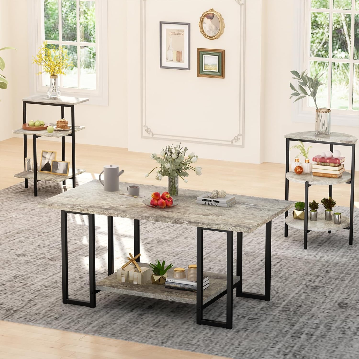 Lamerge Coffee Table Set of 3,Rectangle Coffee Table&2 Accent Table,Faux Marble Tabletop,3 Piece Living Room Table Sets with Multi Tier Storage, for Small Space, Apartment, Gray